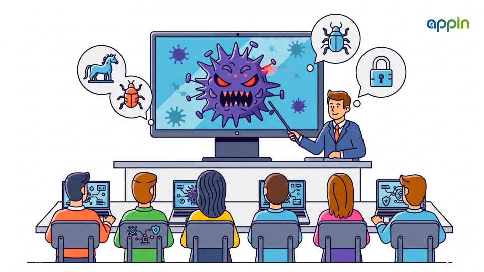 How do courses teach about malware and viruses